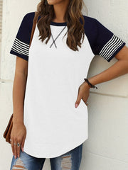 Striped Round Neck Short Sleeve T-Shirt - Cute Little Wish