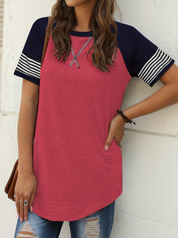 Striped Round Neck Short Sleeve T-Shirt - Cute Little Wish