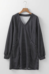 Striped V - Neck Long Sleeve Mini Dress