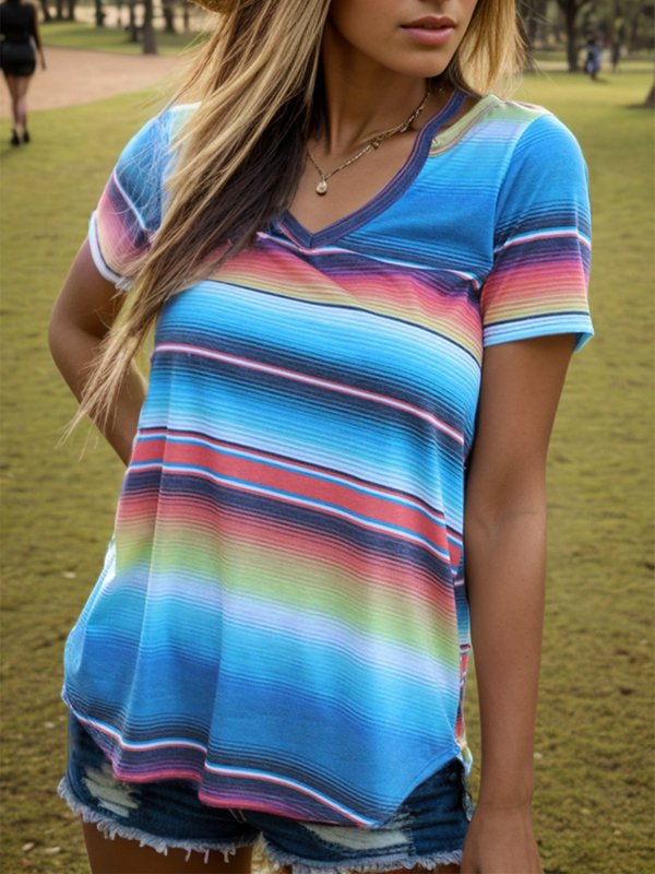 Striped V-Neck Short Sleeve T-Shirt - Cute Little Wish