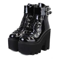 Stylish Black Patent Lace - Up Gothic Boots with High Chunky Heels - Cute Little Wish