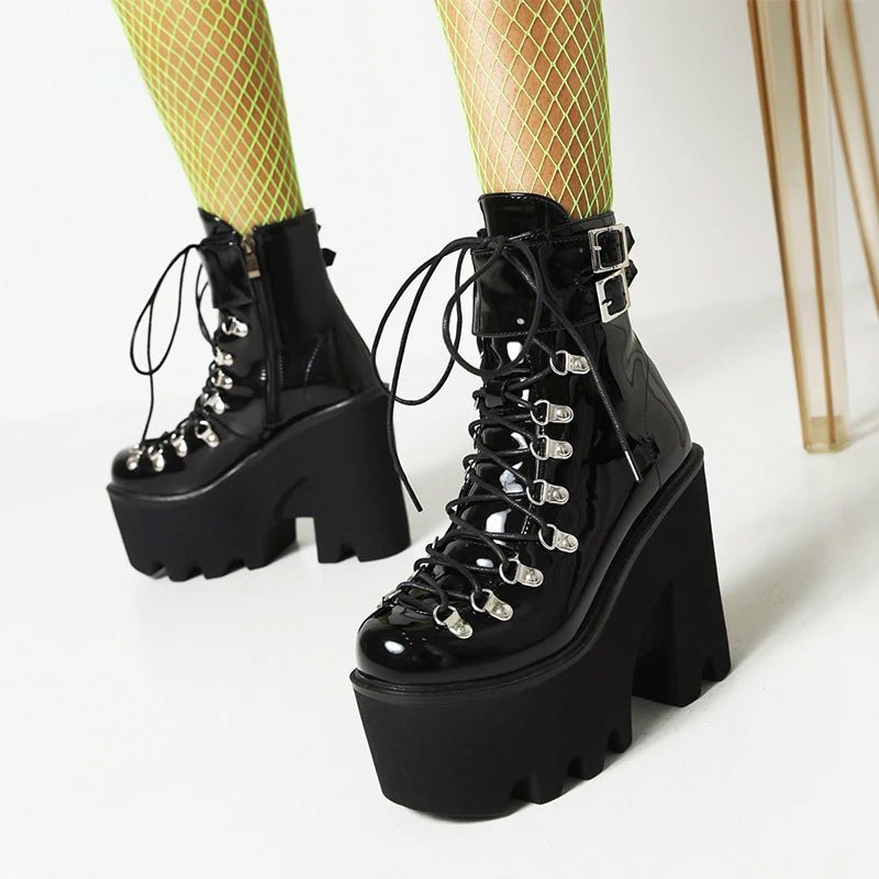 Stylish Black Patent Lace - Up Gothic Boots with High Chunky Heels - Cute Little Wish