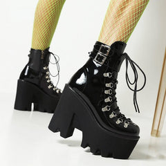 Stylish Black Patent Lace - Up Gothic Boots with High Chunky Heels - Cute Little Wish