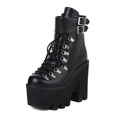 Stylish Black Patent Lace - Up Gothic Boots with High Chunky Heels - Cute Little Wish