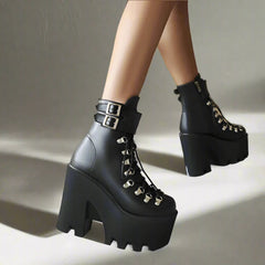 Stylish Black Patent Lace - Up Gothic Boots with High Chunky Heels - Cute Little Wish