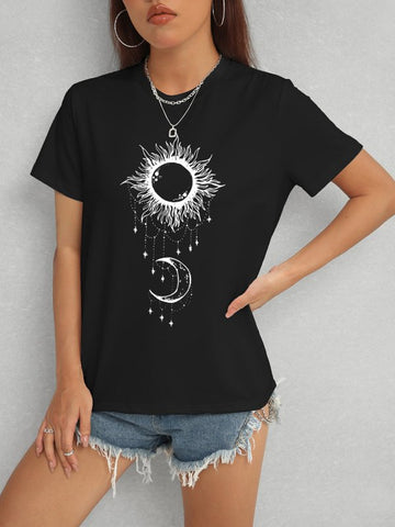 Sun & Moon Graphic Round Neck T-Shirt - Cute Little Wish