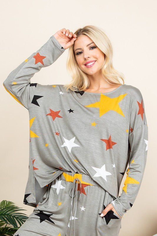 Super Lady High - Low Star Print Long Sleeve Lounge Top