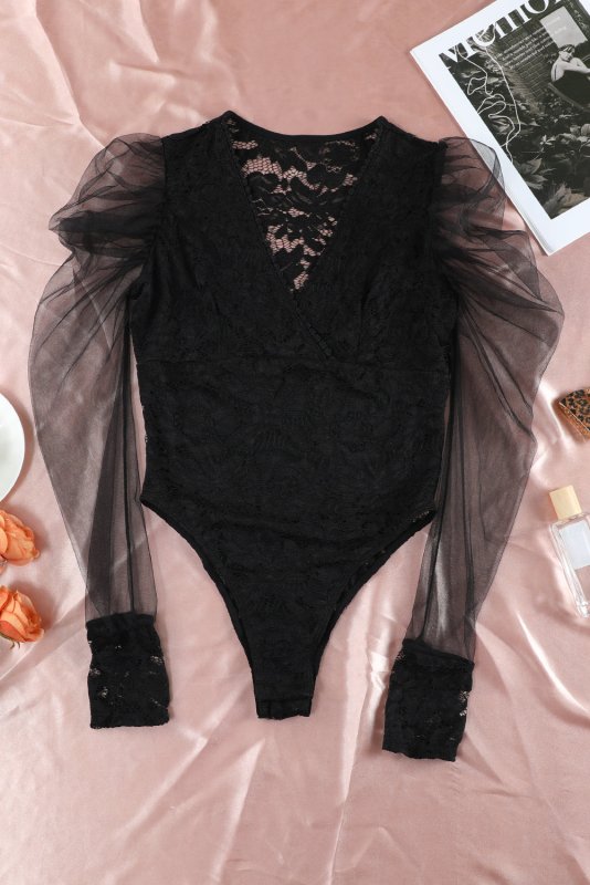 Surplice Neck Long Puff Sleeve Lace Bodysuit - Cute Little Wish