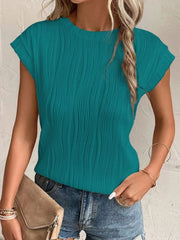 Textured Round Neck Cap Sleeve T-Shirt - Cute Little Wish