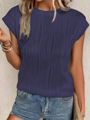 Textured Round Neck Cap Sleeve T-Shirt - Cute Little Wish