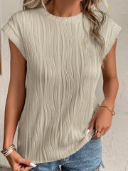 Textured Round Neck Cap Sleeve T-Shirt - Cute Little Wish