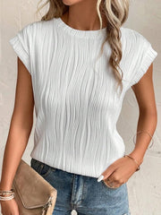 Textured Round Neck Cap Sleeve T-Shirt - Cute Little Wish