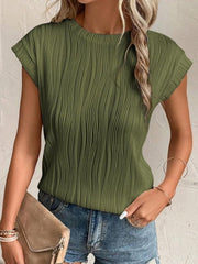 Textured Round Neck Cap Sleeve T-Shirt - Cute Little Wish