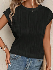 Textured Round Neck Cap Sleeve T-Shirt - Cute Little Wish