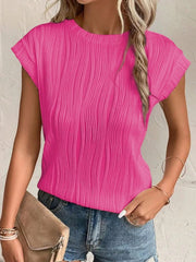 Textured Round Neck Cap Sleeve T-Shirt - Cute Little Wish