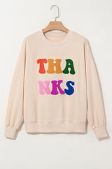 THANKS Round Neck Long Sleeve Sweatshirt