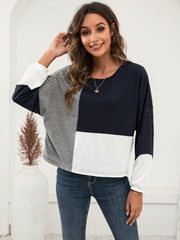 Three-Tone Color Block Dropped Shoulder Long Sleeve Tee - Cute Little Wish