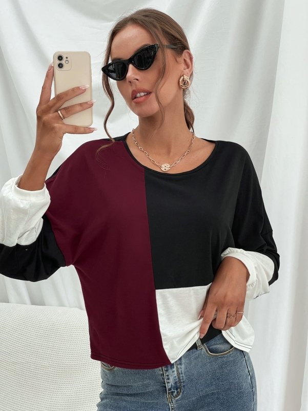 Three-Tone Color Block Dropped Shoulder Long Sleeve Tee - Cute Little Wish