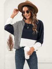 Three-Tone Color Block Dropped Shoulder Long Sleeve Tee - Cute Little Wish