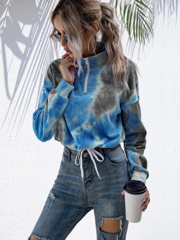 Tie-Dye Quarter Zip Dropped Shoulder Sweatshirt - Cute Little Wish