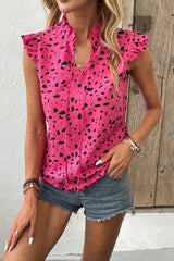 Tied Printed Tie Neck Cap Sleeve Blouse - Cute Little Wish