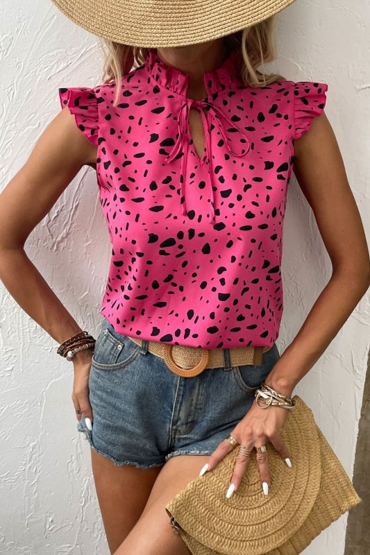 Tied Printed Tie Neck Cap Sleeve Blouse - Cute Little Wish