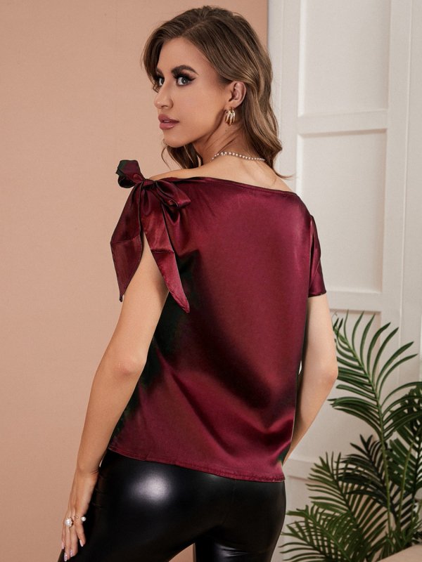 Tied Single Shoulder Short Sleeve Blouse - Cute Little Wish