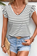 Tied Striped V-Neck Cap Sleeve T-Shirt - Cute Little Wish