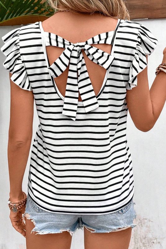 Tied Striped V-Neck Cap Sleeve T-Shirt - Cute Little Wish