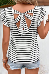 Tied Striped V-Neck Cap Sleeve T-Shirt - Cute Little Wish