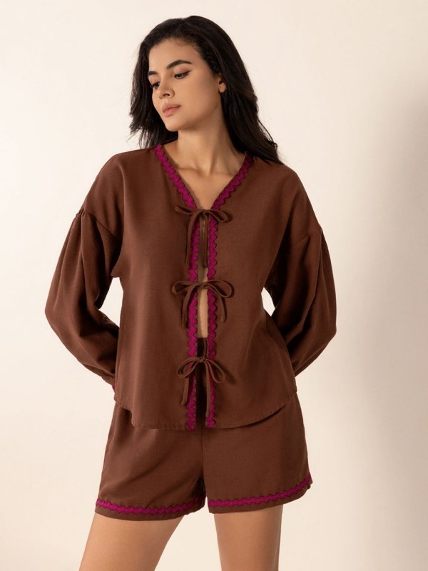 Tied V - Neck Long Sleeve Top and Shorts Set