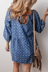 Tied V - Neck Three - Quarter Sleeve Denim Dress