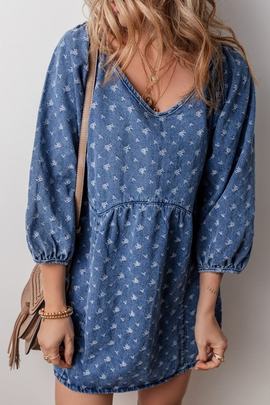 Tied V - Neck Three - Quarter Sleeve Denim Dress