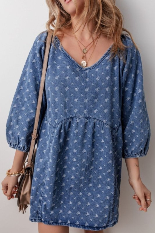 Tied V - Neck Three - Quarter Sleeve Denim Dress