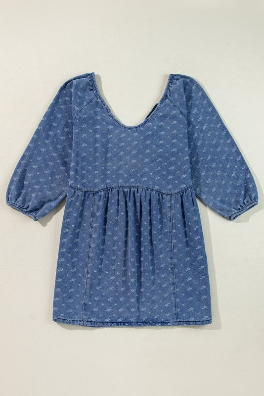 Tied V - Neck Three - Quarter Sleeve Denim Dress