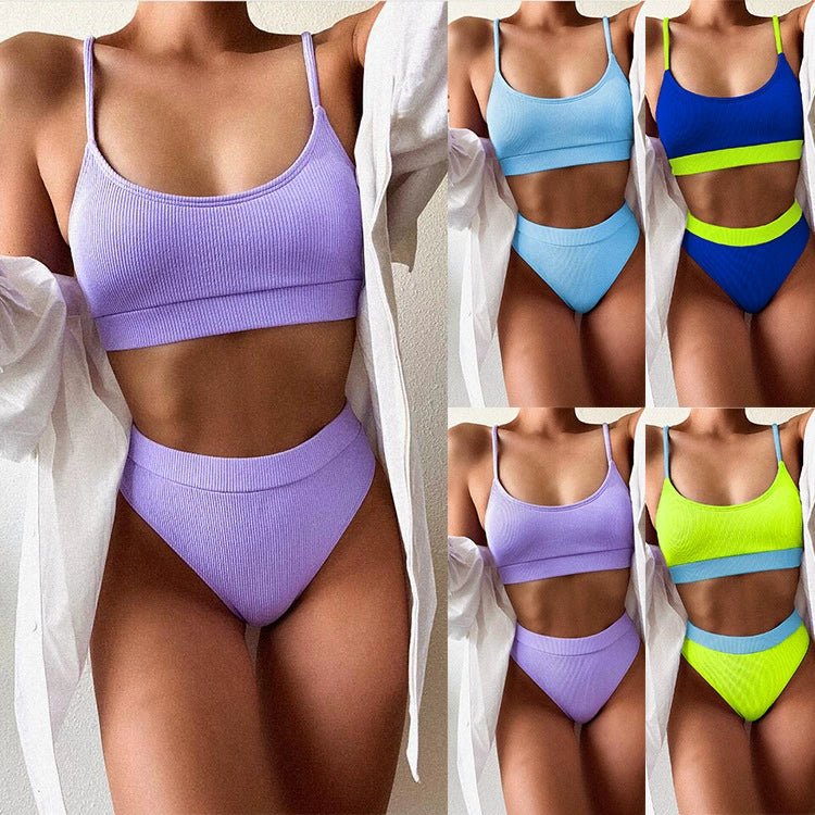 Triangle Fluorescent Color Bikini High Waist Two-Piece Swimsuit - Cute Little Wish