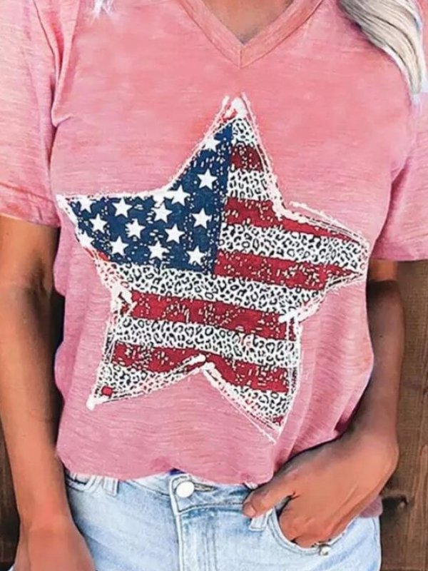 US Flag Graphic V-Neck Short Sleeve T-Shirt - Cute Little Wish