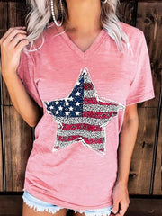 US Flag Graphic V-Neck Short Sleeve T-Shirt - Cute Little Wish