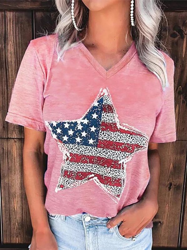 US Flag Graphic V-Neck Short Sleeve T-Shirt - Cute Little Wish