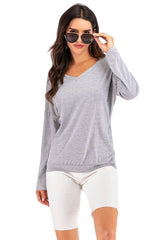 V-Neck Drop Shoulder Open Back Sweatshirt - Cute Little Wish