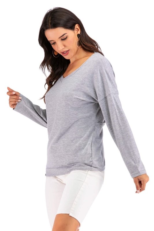 V-Neck Drop Shoulder Open Back Sweatshirt - Cute Little Wish