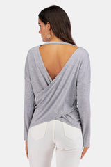 V-Neck Drop Shoulder Open Back Sweatshirt - Cute Little Wish