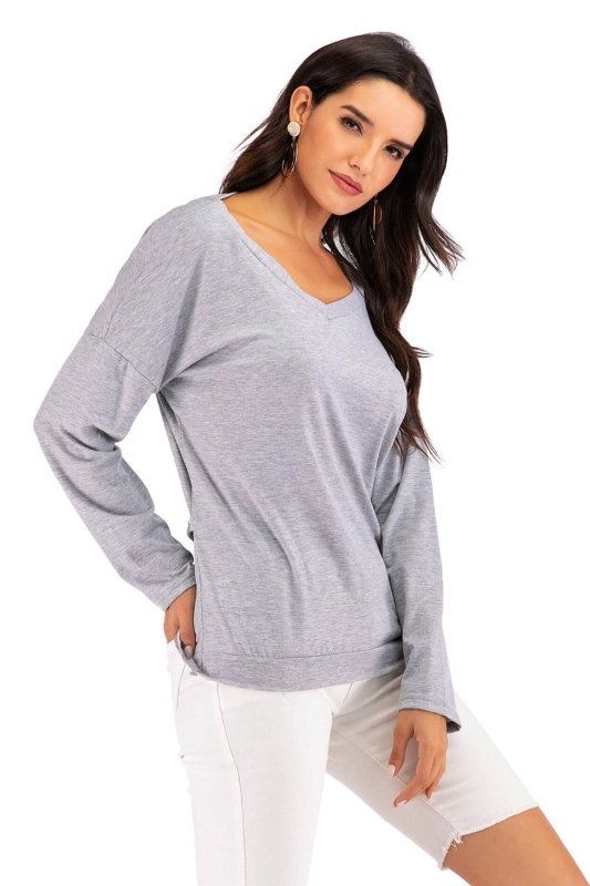 V-Neck Drop Shoulder Open Back Sweatshirt - Cute Little Wish