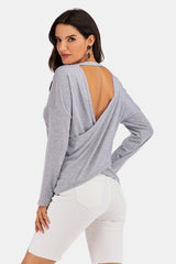 V-Neck Drop Shoulder Open Back Sweatshirt - Cute Little Wish