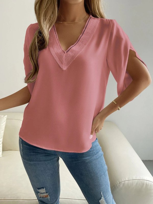 V-Neck Short Sleeve Blouse - Cute Little Wish