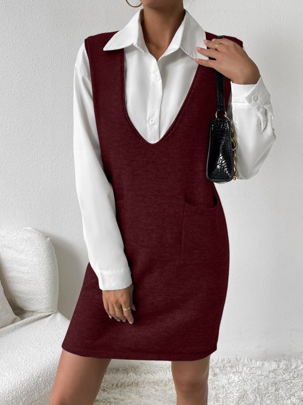 V - Neck Sleeveless Sweater Dress with Pockets