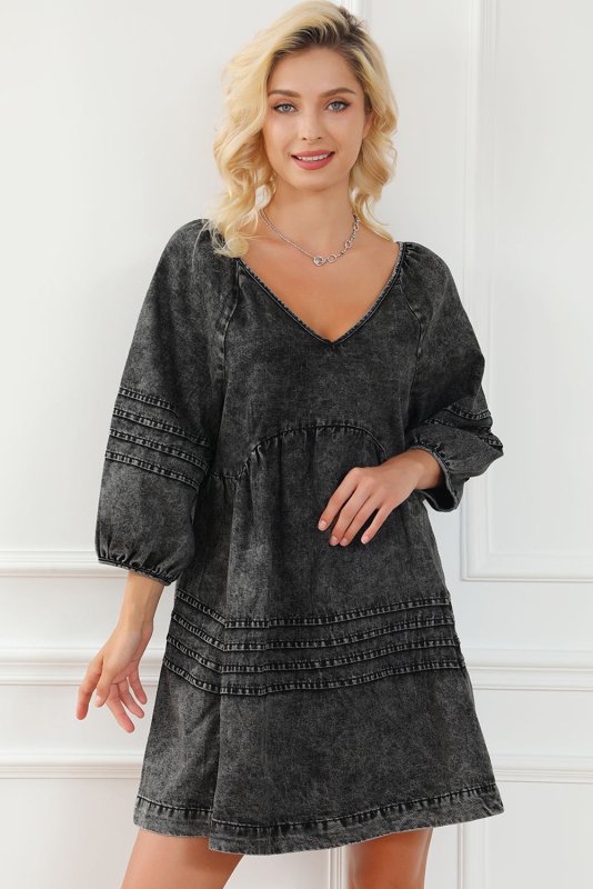 V - Neck Three Quarter Sleeve Denim Dress