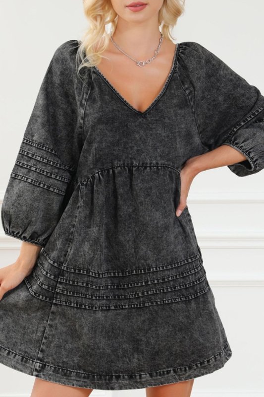 V - Neck Three Quarter Sleeve Denim Dress