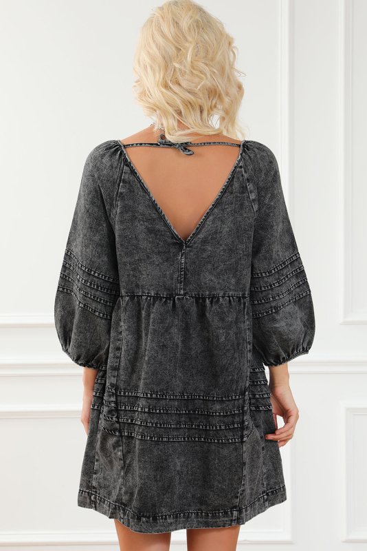 V - Neck Three Quarter Sleeve Denim Dress