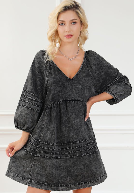 V - Neck Three Quarter Sleeve Denim Dress